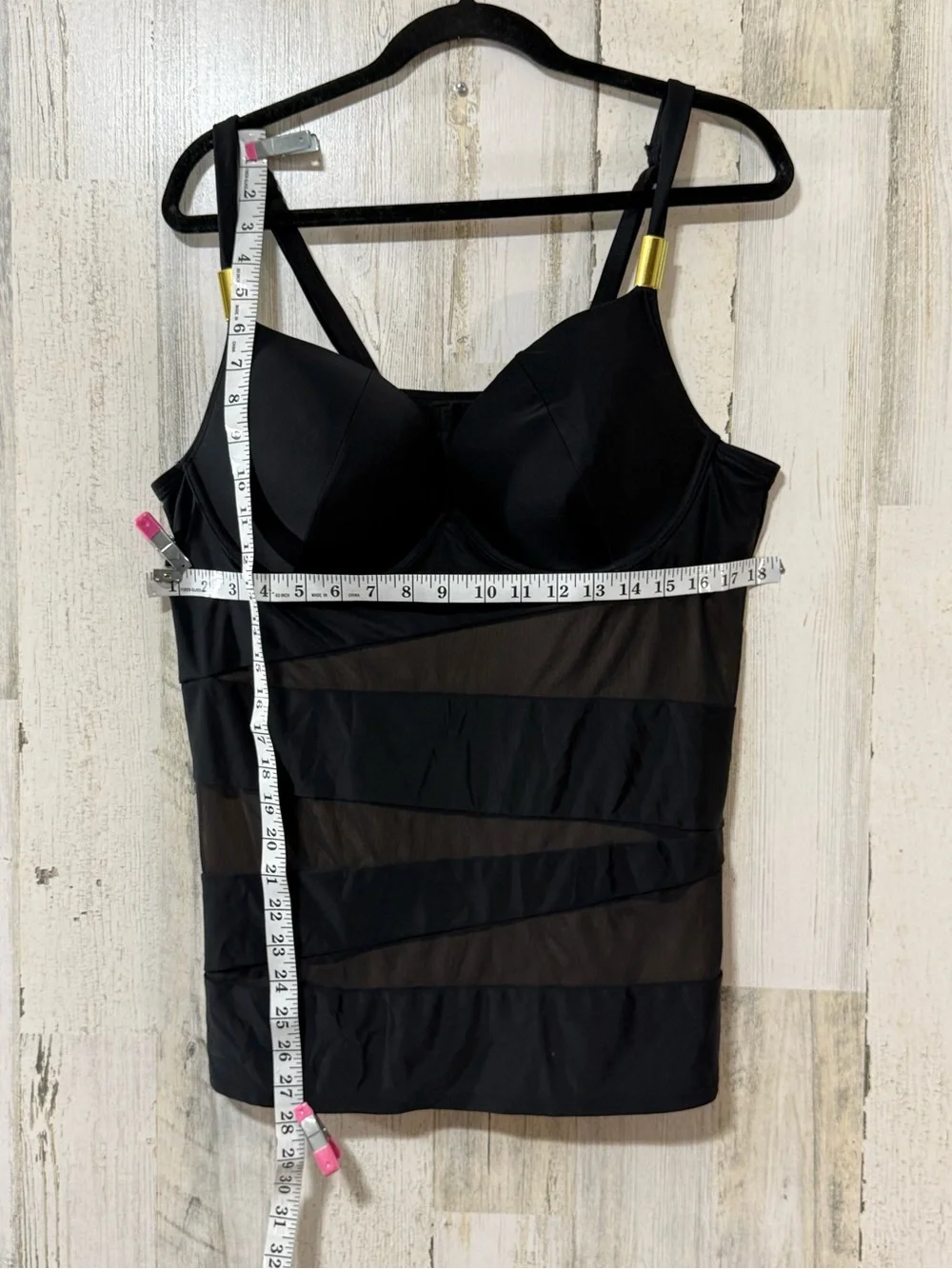 Cacique Black Sheer-Stripe Bustier Tank with Gold Accents